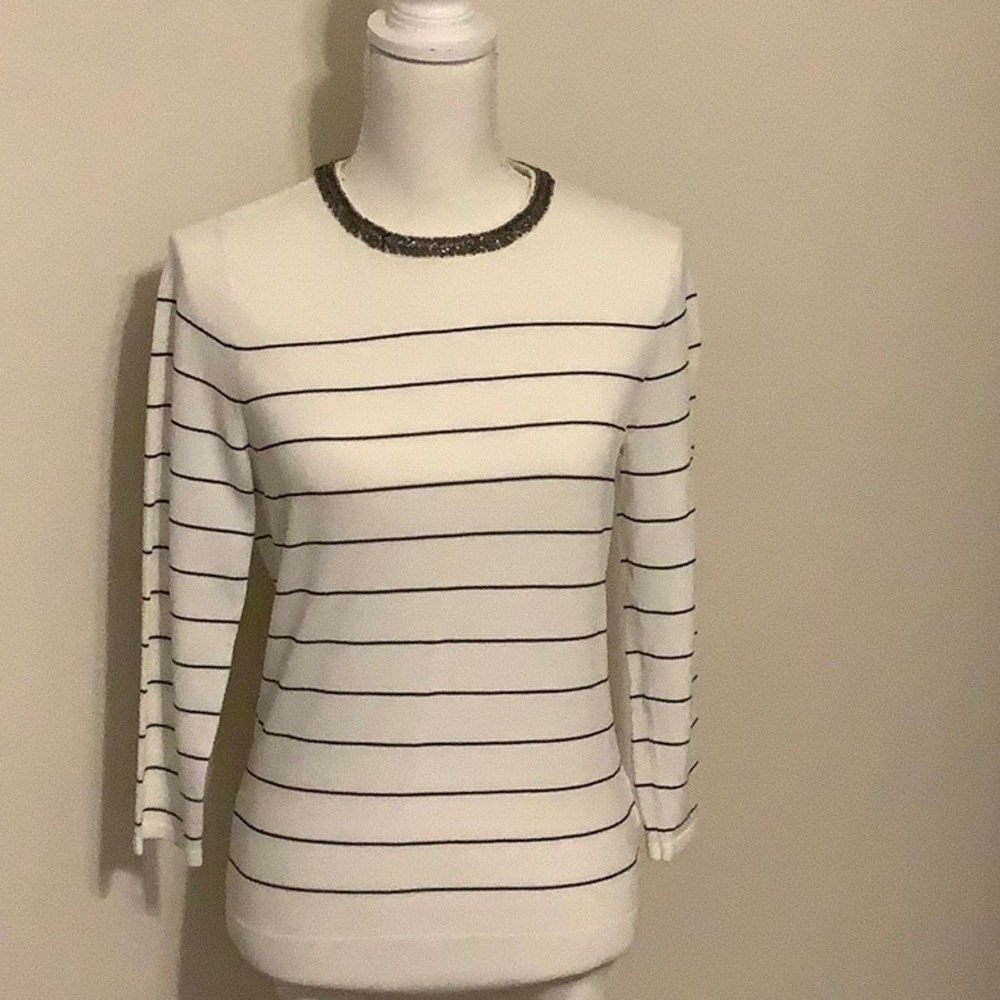WHBM Summer Striped Beaded 3/4 sleeves sweater